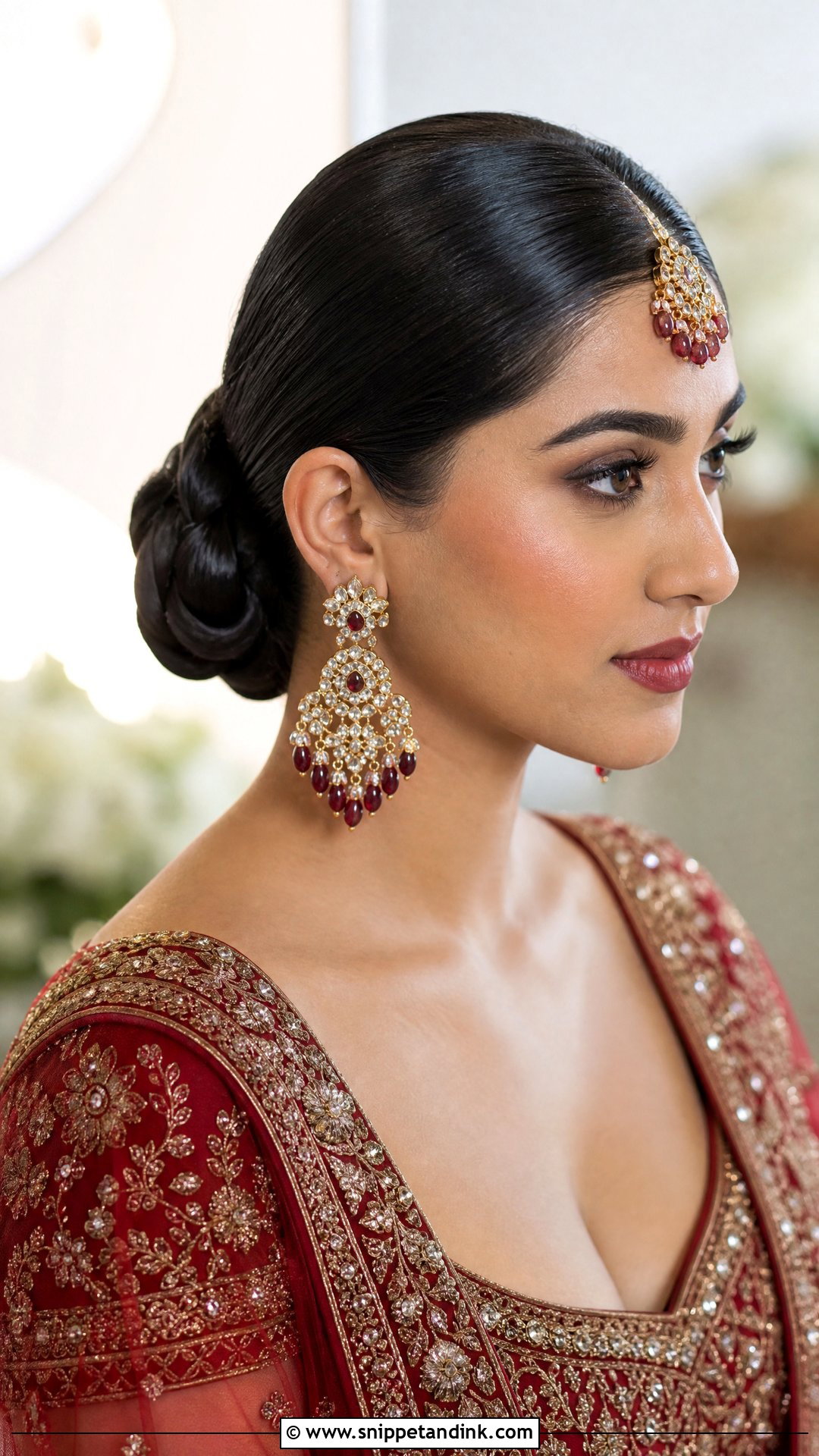 Sleek Low Bun With Statement Earrings - Snippet and Ink - 20 Barat Bridal Hairstyle Ideas