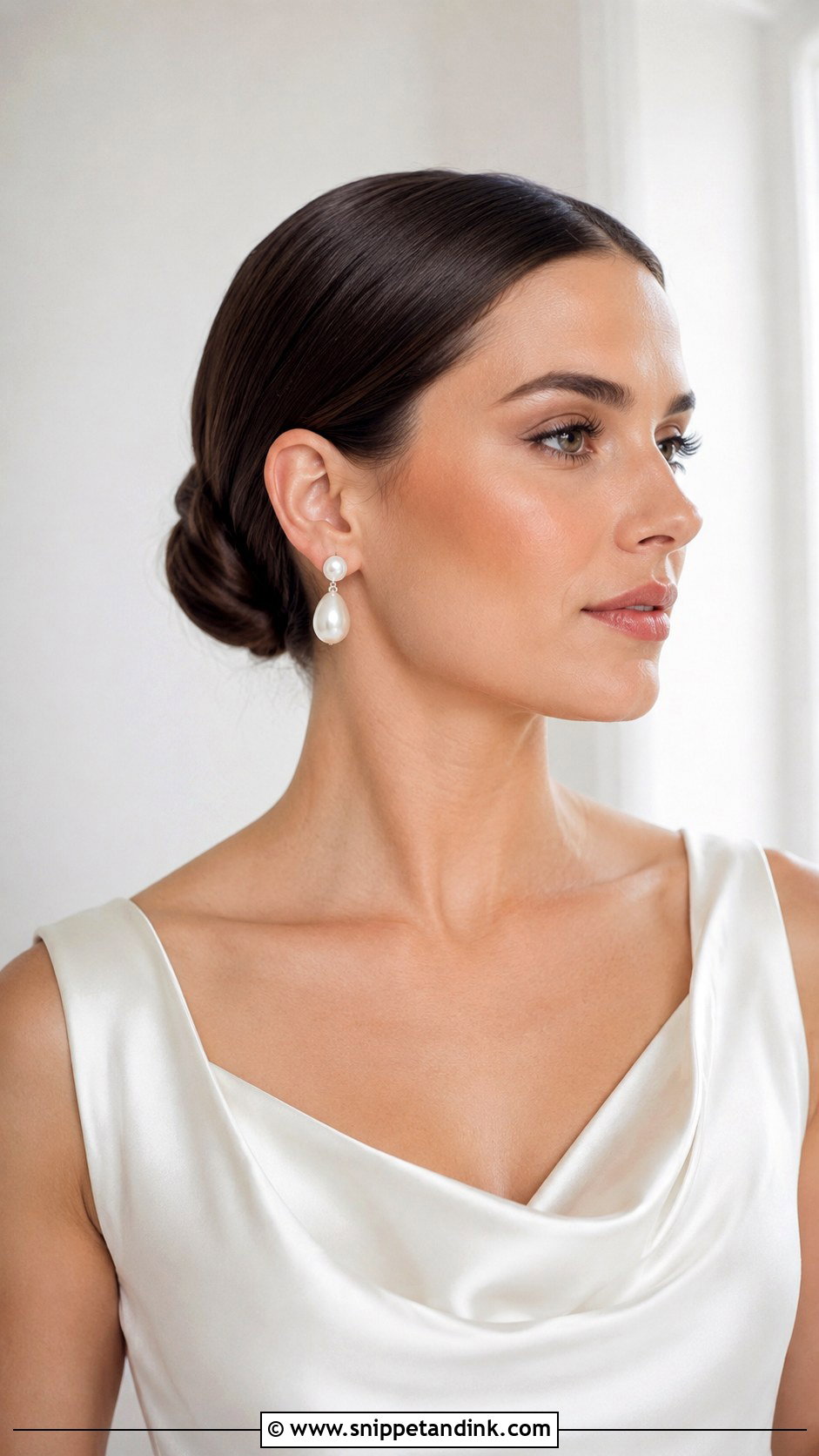 Sleek Low Bun With Statement Earrings - Snippet and Ink - 15 Sleek Low Bun Bridal Hair Ideas
