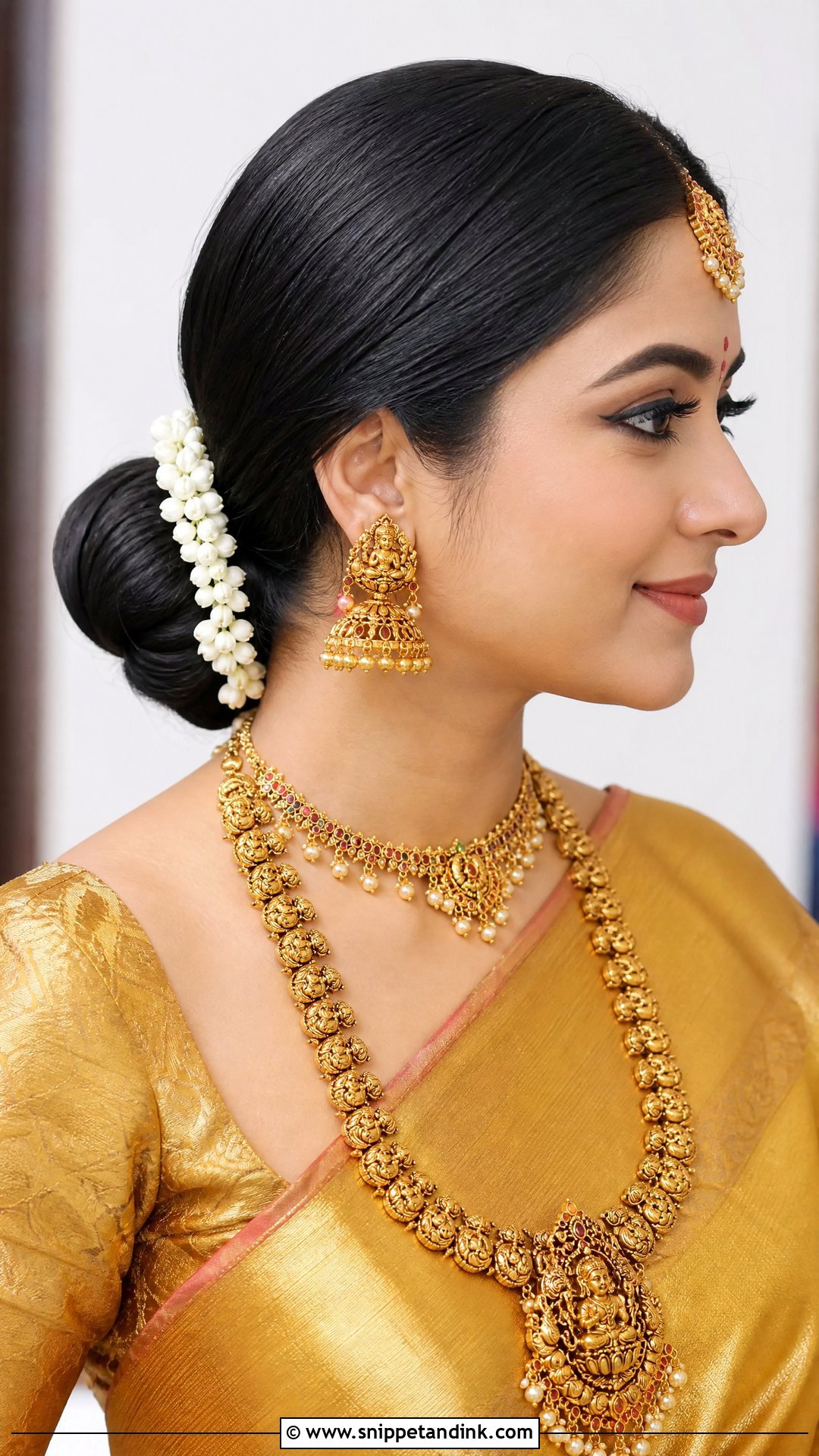 Sleek Low Bun With Temple Jewelry - Snippet and Ink - 20 Hairstyles for South Indian Wedding