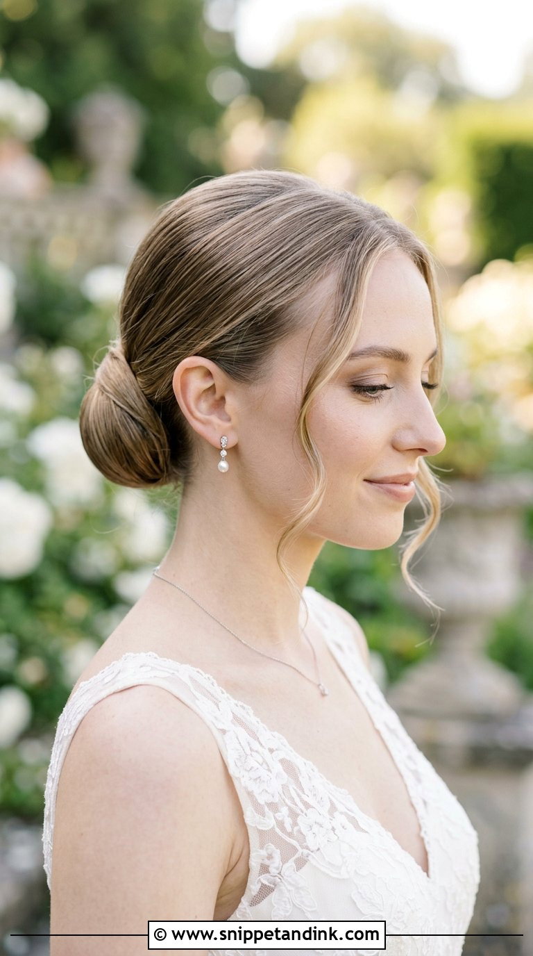 Sleek Low Bun With Tendrils - Snippet and Ink - 20 Bride Low Bun Hairstyles