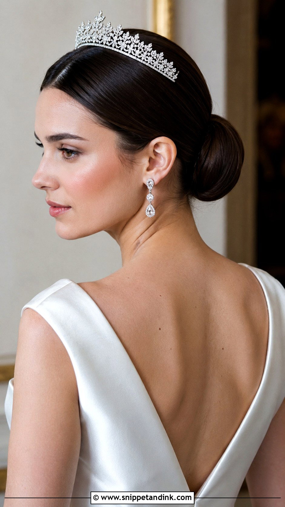 Sleek Low Bun With Tiara - Snippet and Ink - 20 Bridal Hair with Tiara Ideas