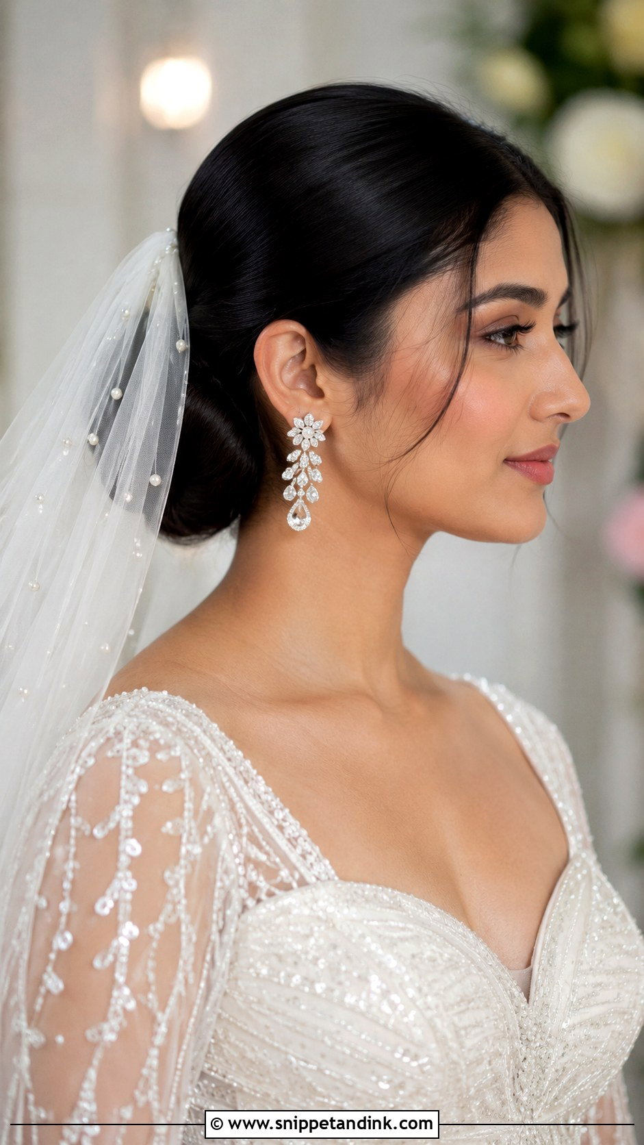 Sleek Low Bun With Veil - Snippet and Ink - 25 Muslim Bridal Hairstyles