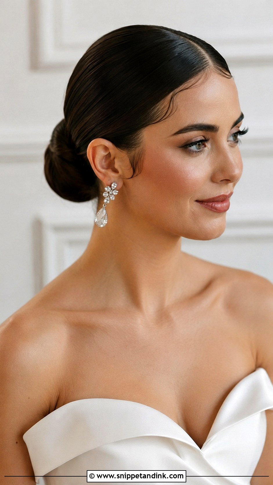 Sleek Low Bun With a Center Part and Baby Hairs - Snippet and Ink - 25 Wedding Hair Brunette Ideas