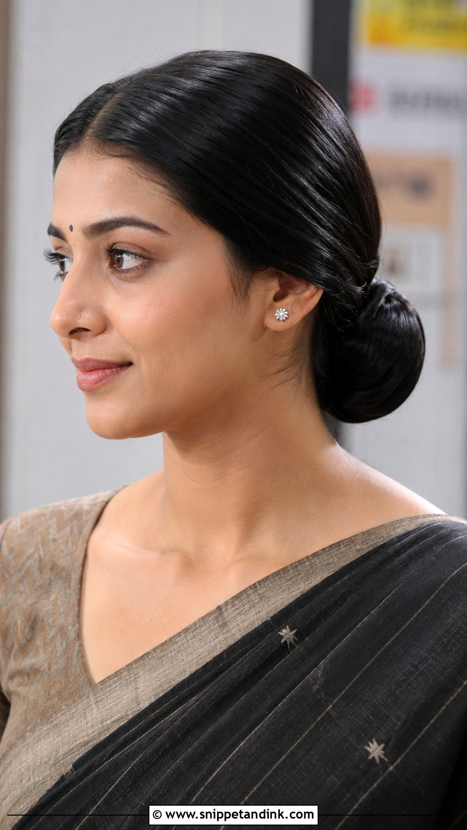 Sleek Low Bun for Office Saree - Snippet and Ink - 20 Indian Non Bridal Hairstyles