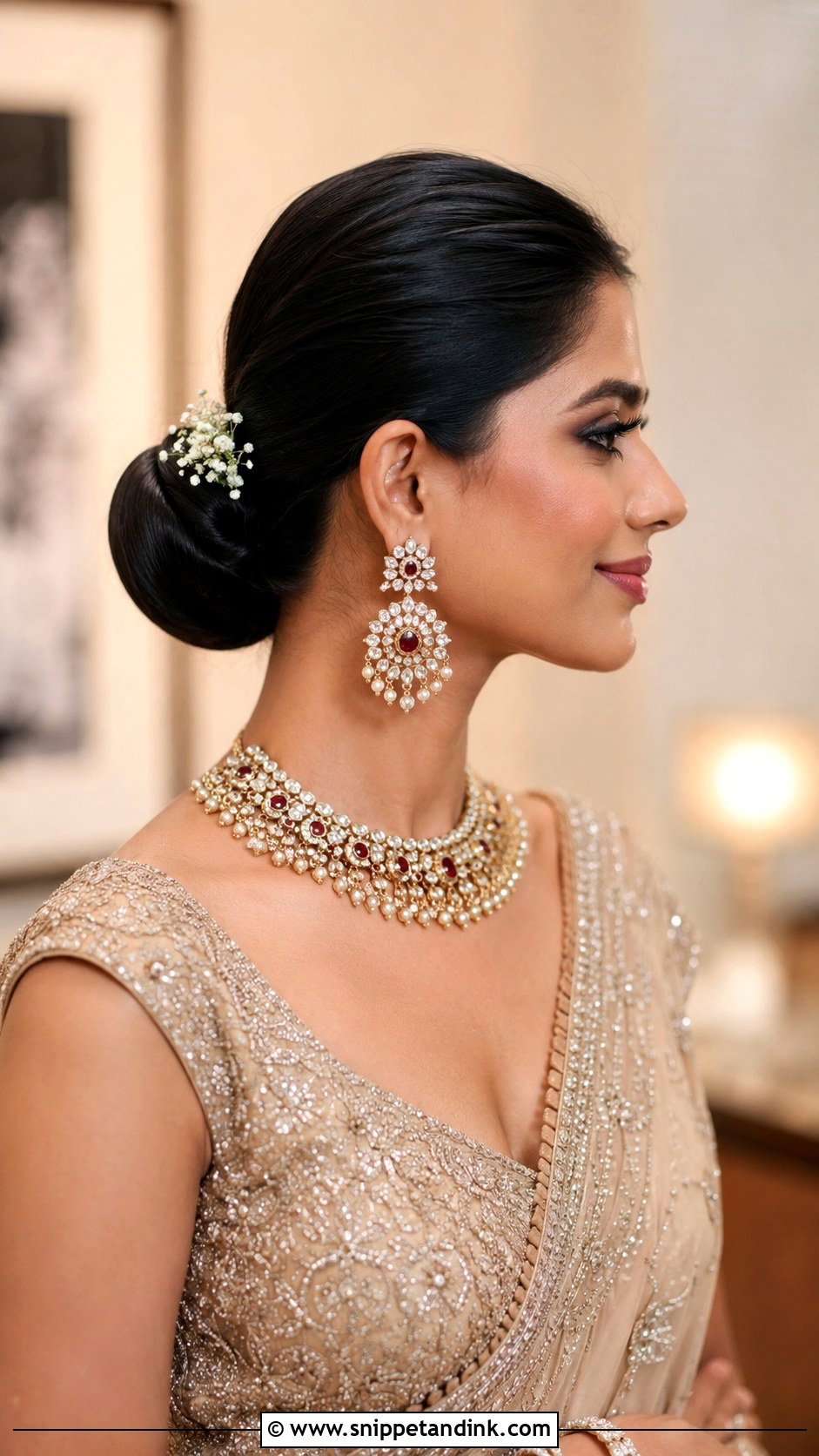 Sleek Low Bun for Reception - Snippet and Ink - 25 Indian Wedding Hair Ideas