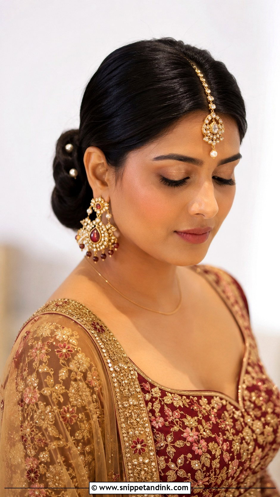 Sleek Low Bun with Maang Tikka - Snippet and Ink - 25 Short Hair Hairstyles for Wedding Indian