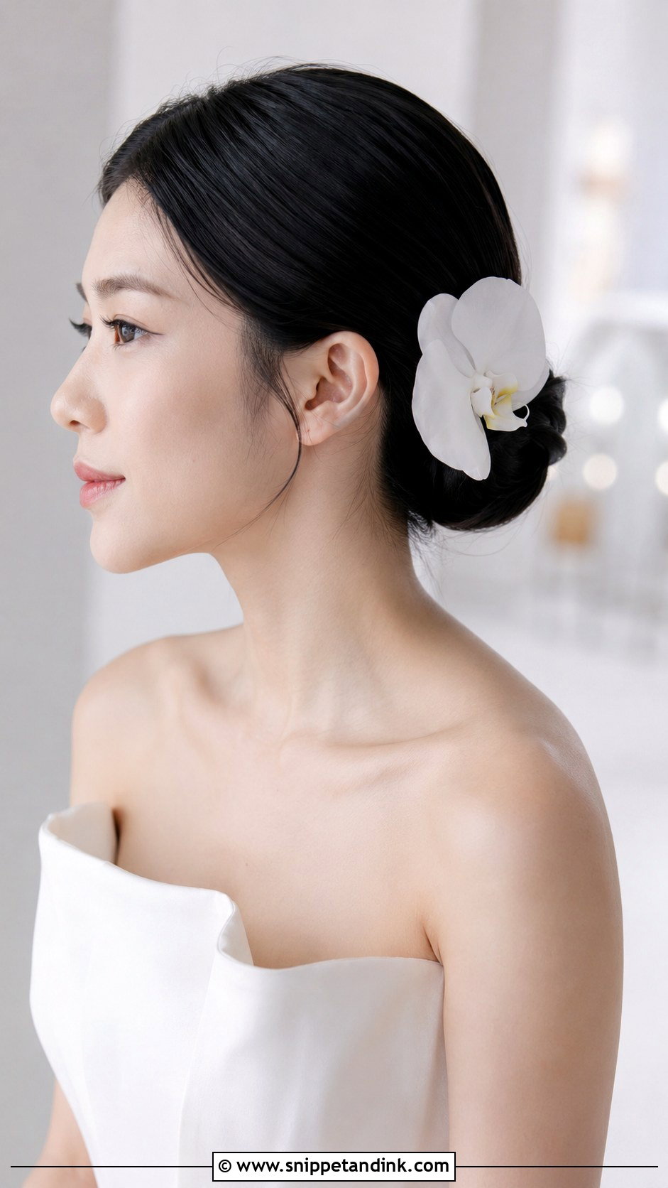 Sleek Low Bun with Orchids - Snippet and Ink - 20 Bridal Hair Buns with Flowers