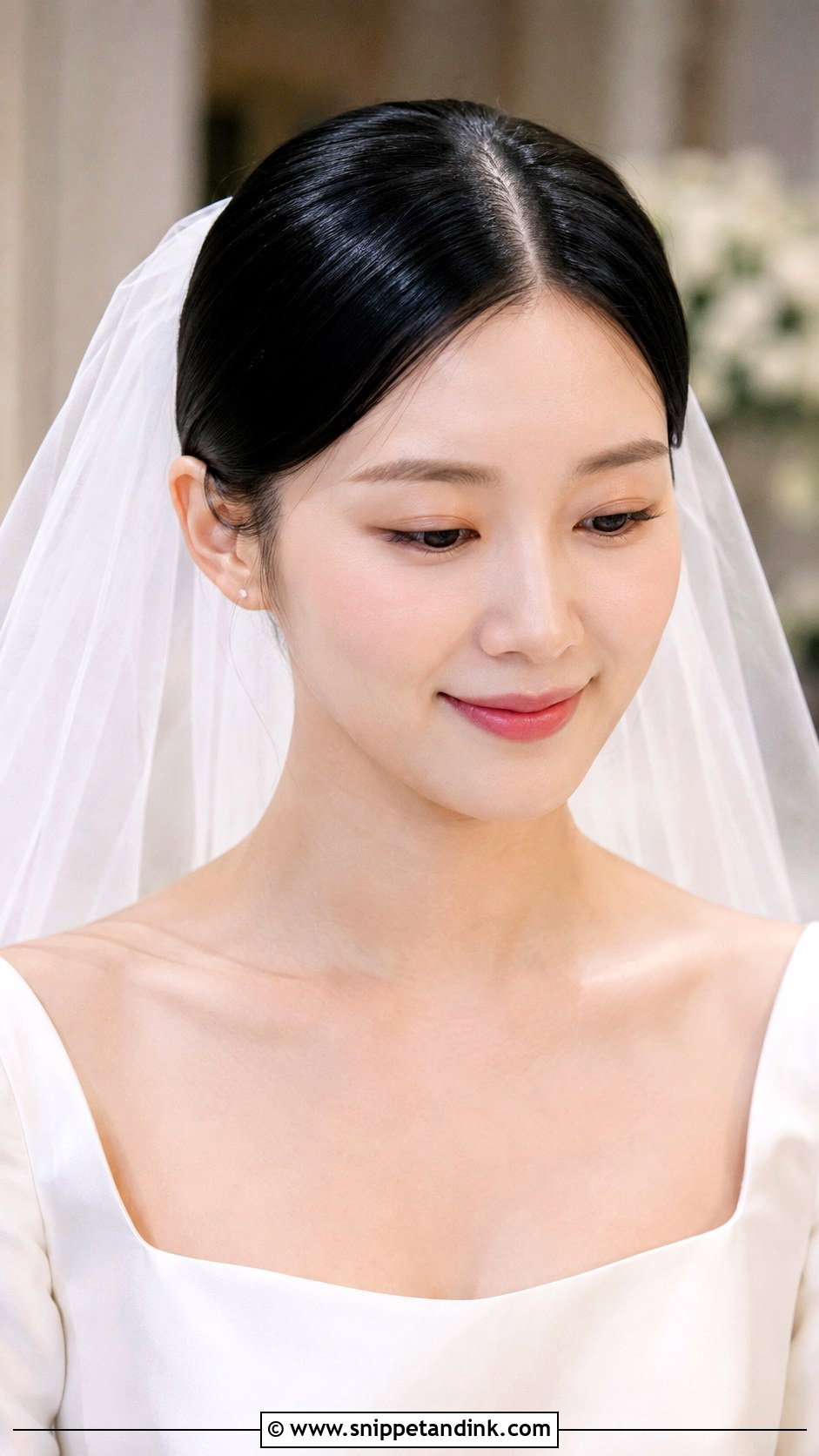 Sleek Low Center Part With Drop Veil - Snippet and Ink - 25 Hair Down with Veil Ideas