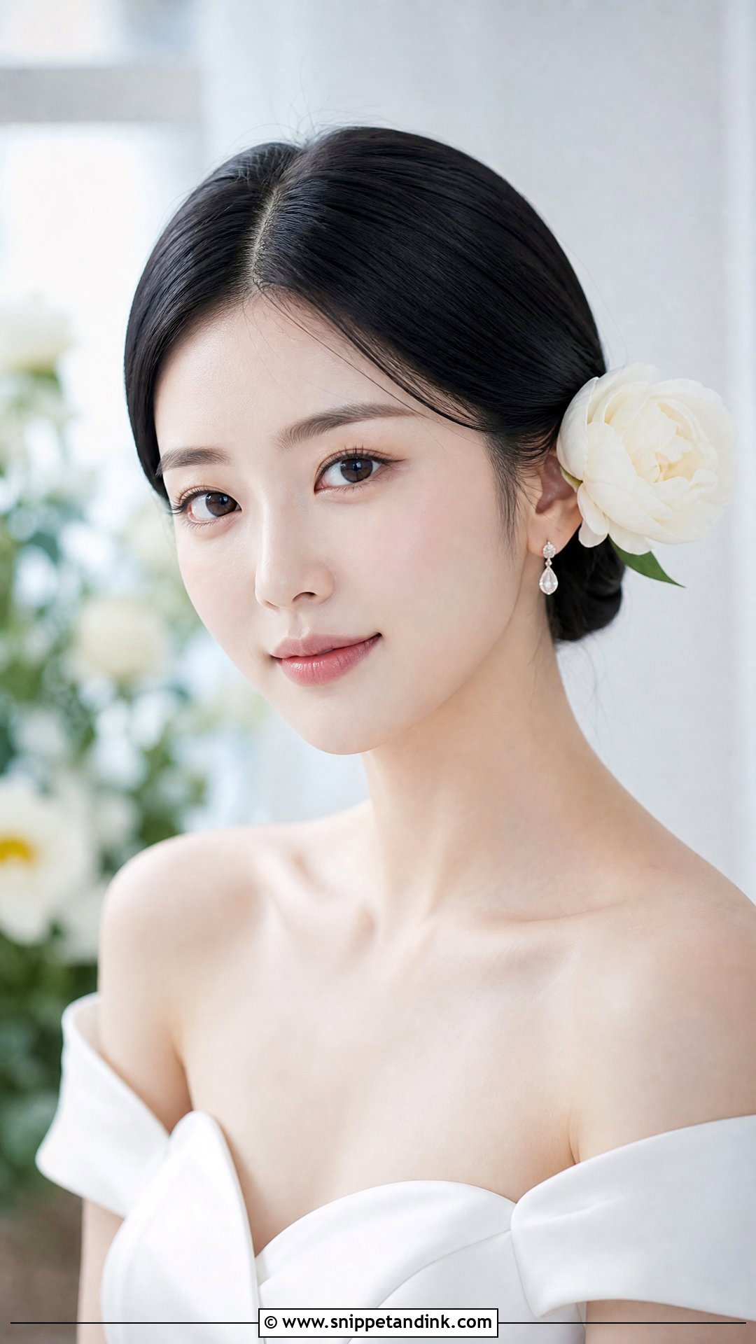 Sleek Low Part With a Bloom Behind the Ear - Snippet and Ink - 20 Wedding Hair Down with Flowers