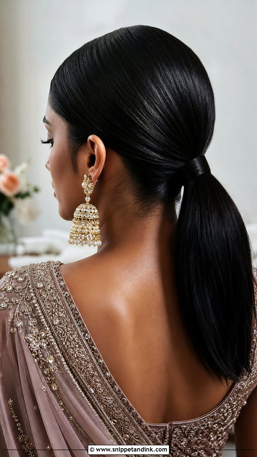 Sleek Low Ponytail - Snippet and Ink - 20 Easy Indian Hairstyles for Wedding Guest