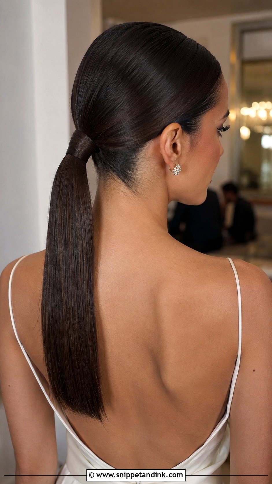 Sleek Low Ponytail - Snippet and Ink - 20 Simple Medium Length Wedding Guest Hair Ideas