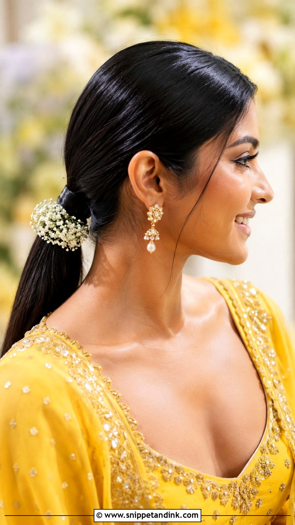 Sleek Low Ponytail - Snippet and Ink - 25 Haldi Ceremony Hairstyle for Bride Ideas