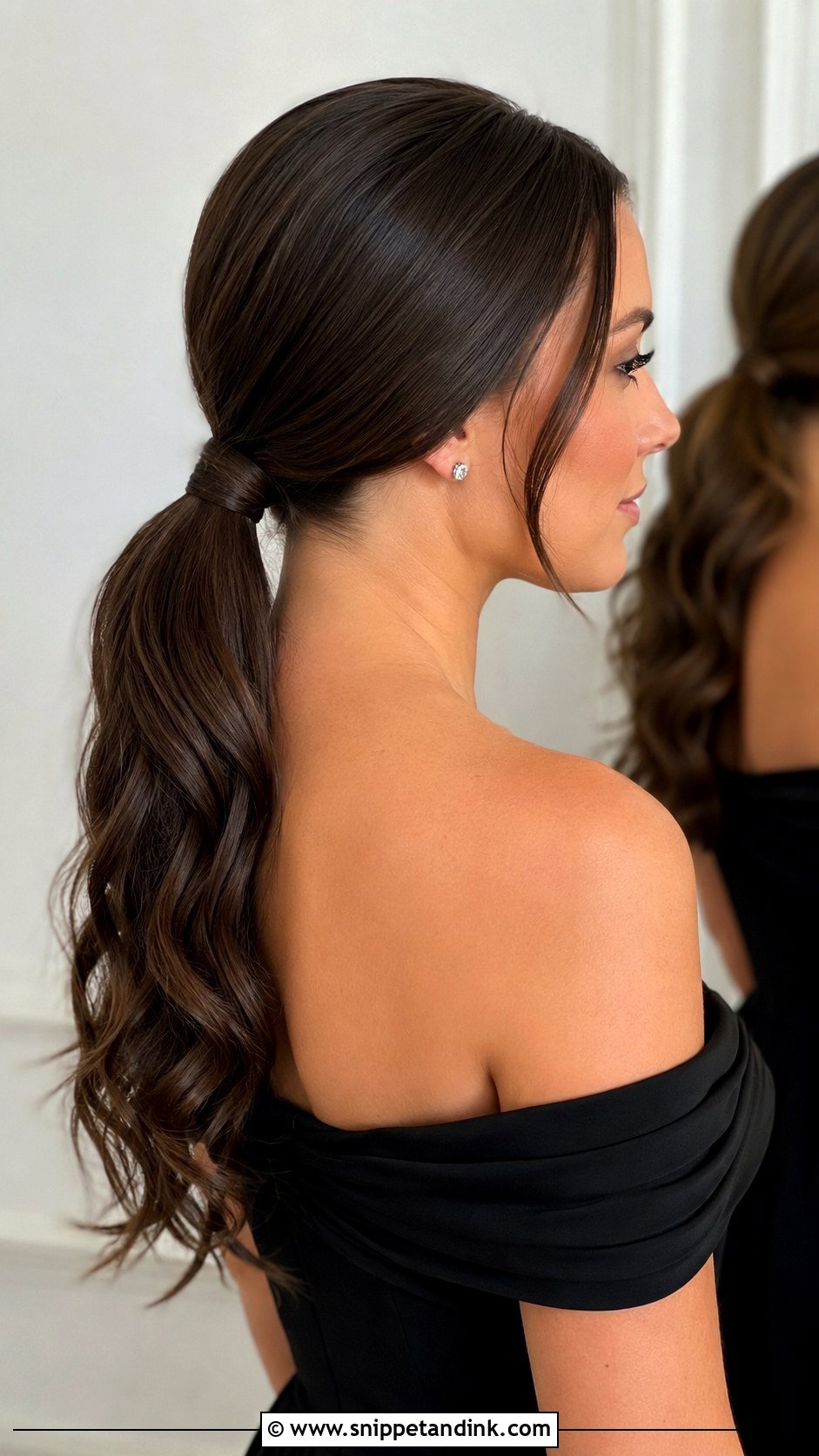 Sleek Low Ponytail Bridesmaid Hairstyle With Off Shoulder Dress - Snippet and Ink - 20 Bridesmaid Hairstyles with Off Shoulder Dress