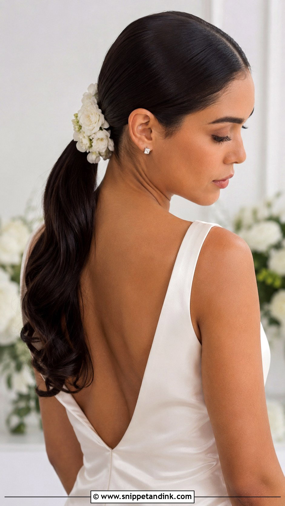 Sleek Low Ponytail Wedding Hair With Flowers - Snippet and Ink - 15 Wedding Hairstyles for Long Hair with Flowers