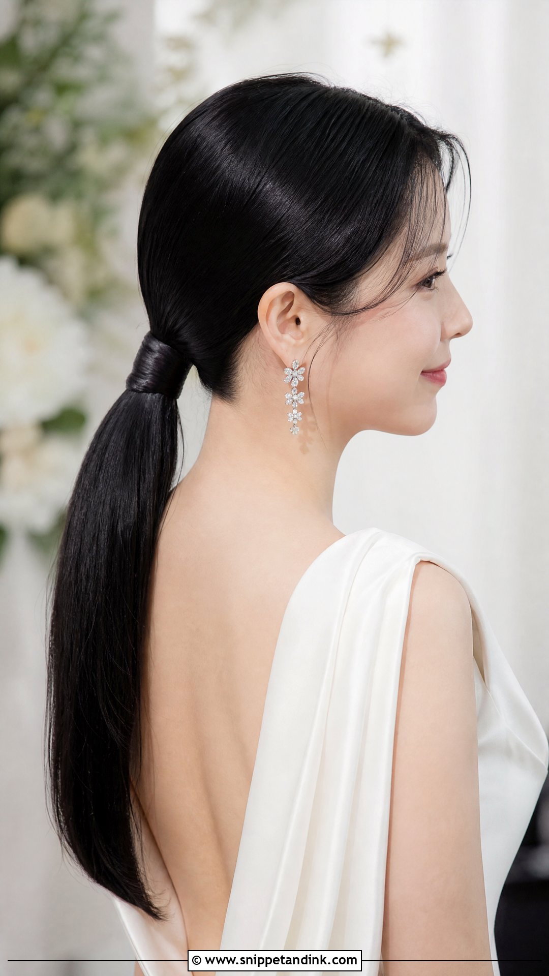 Sleek Low Ponytail Wedding Hairstyle for Shoulder Length Hair - Snippet and Ink - 20 Shoulder Length Hair Wedding Styles