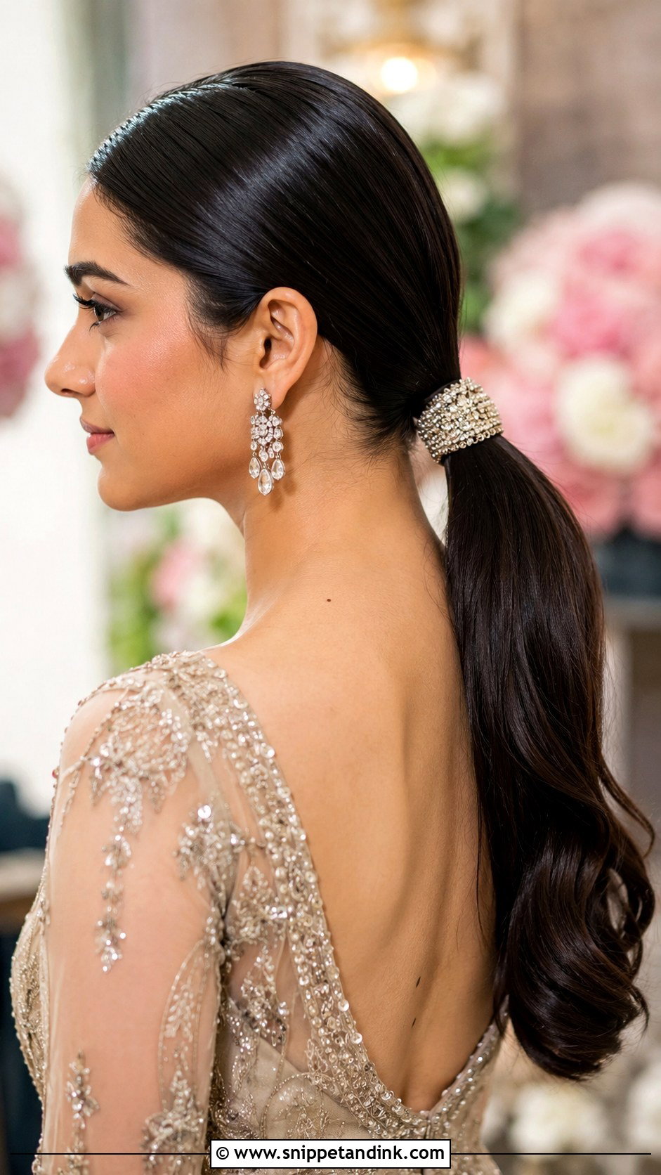 Sleek Low Ponytail With Accessories - Snippet and Ink - 20 Indian Hair Styles for Weddings