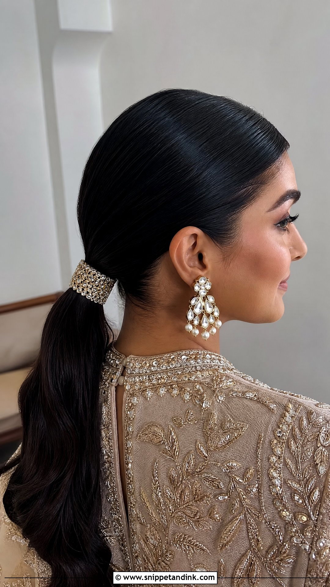 Sleek Low Ponytail With Accessories - Snippet and Ink - 20 Bridal Mehndi Hairstyles
