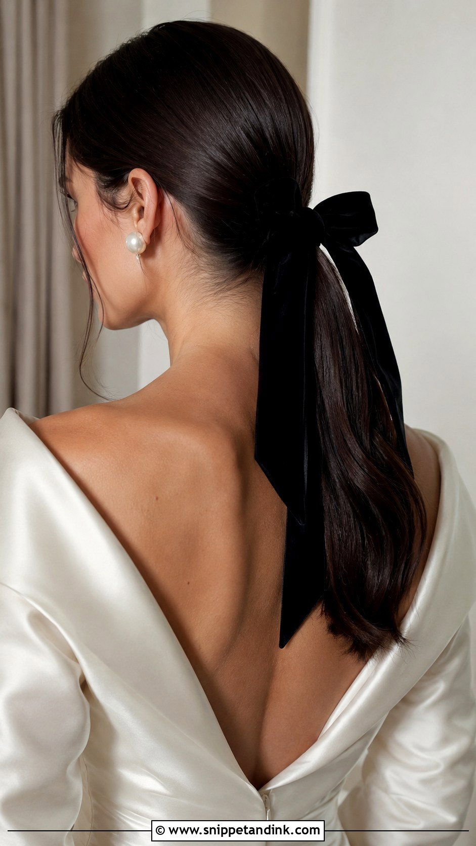 Sleek Low Ponytail With Black Velvet Bow - Snippet and Ink - 25 Wedding Hair Bow Ideas