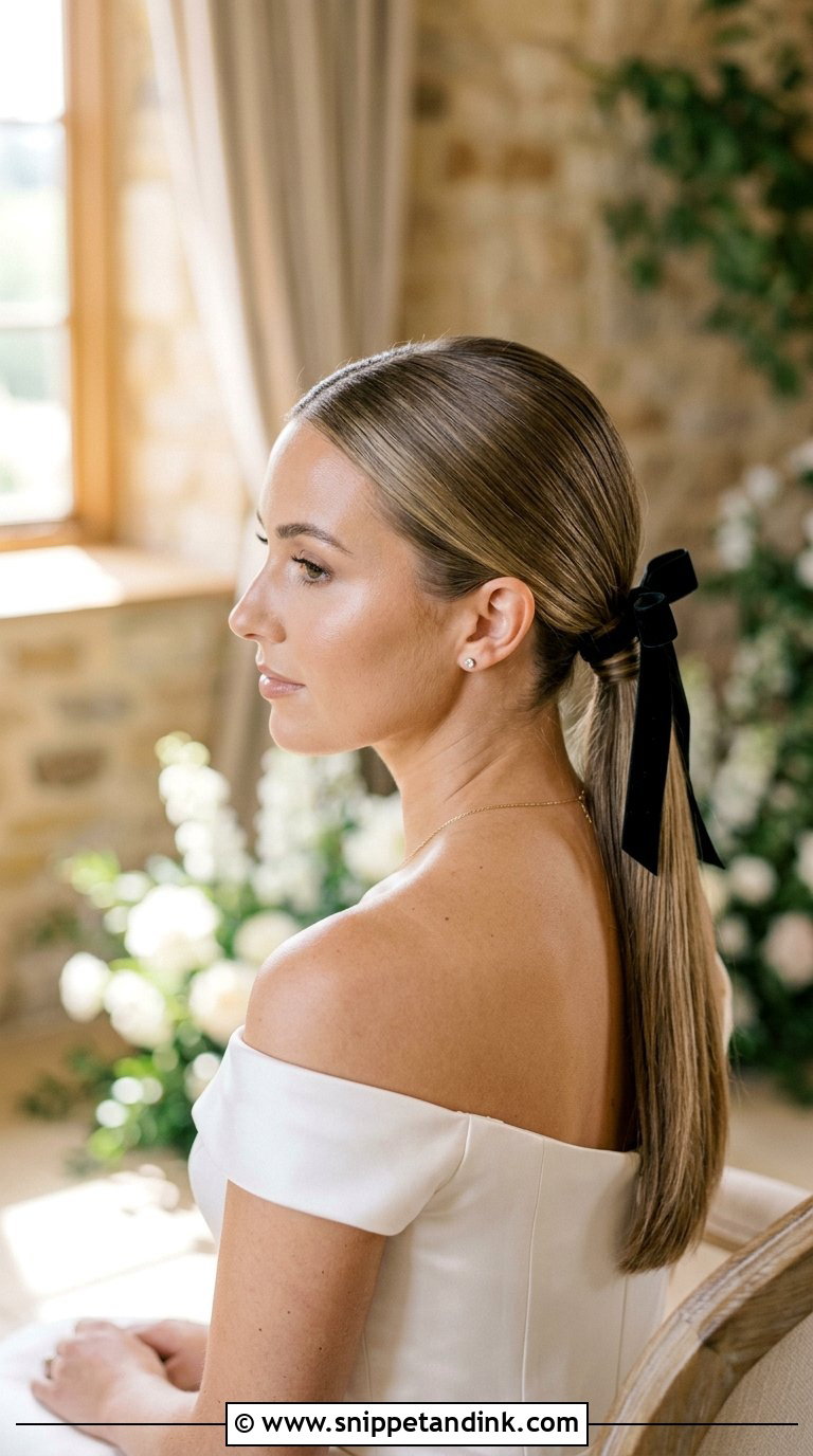 Sleek Low Ponytail With Bow - Snippet and Ink - 20 Bridal Hair with Bow Ideas