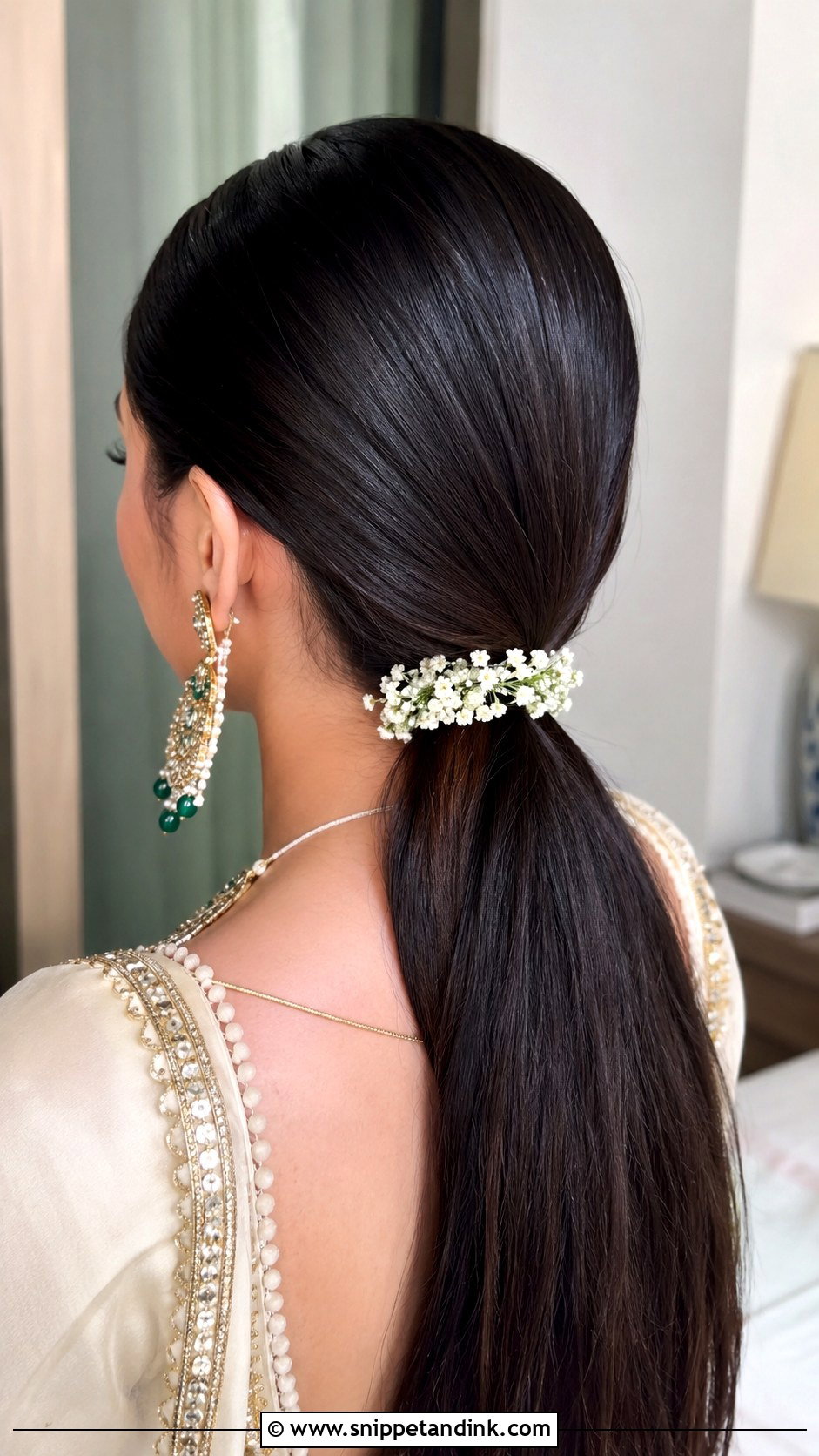 Sleek Low Ponytail With Flowers - Snippet and Ink - 20 Mehendi Bride Hairstyle Ideas