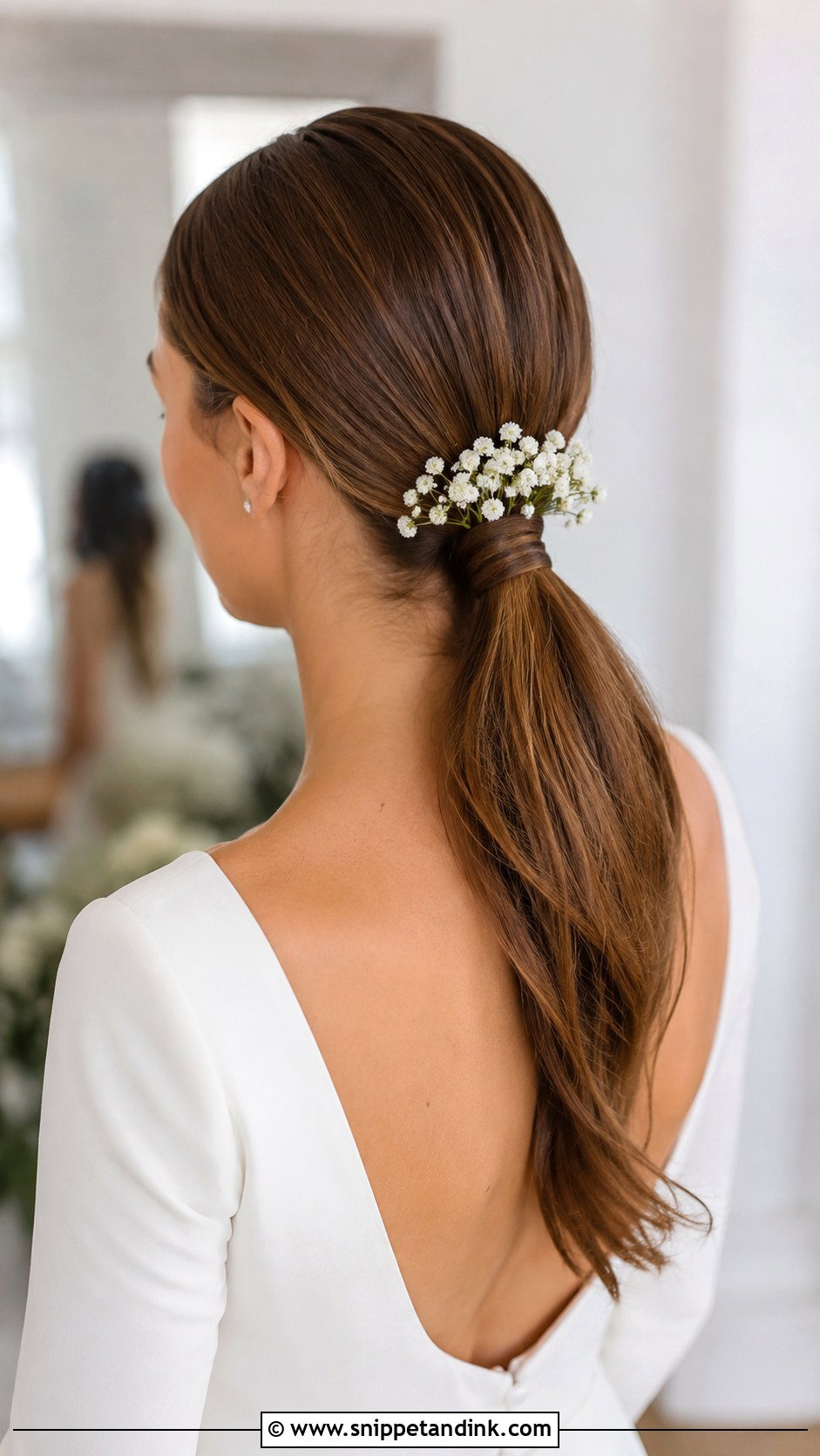 Sleek Low Ponytail With Flowers - Snippet and Ink - 20 Bridal Hair with Flower Crown Ideas