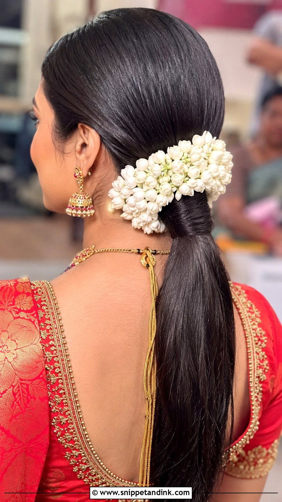 Sleek Low Ponytail With Gajra - Snippet and Ink - 30 Indian Wedding Pony Hairstyles