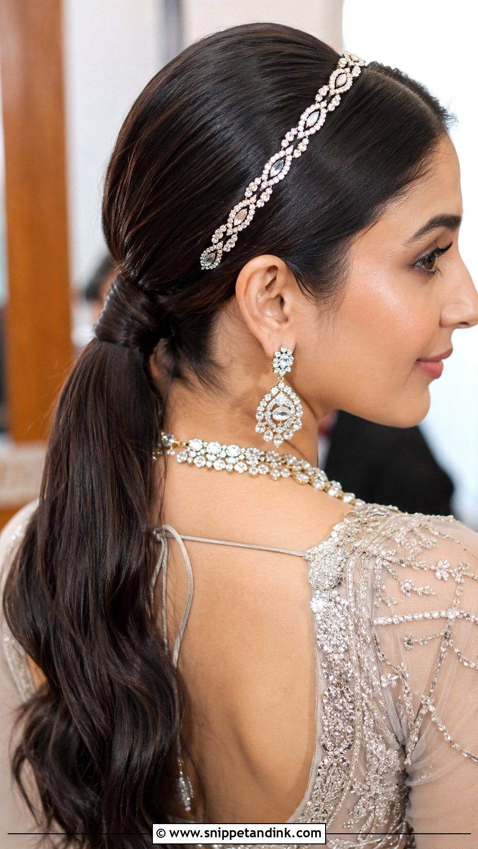 Sleek Low Ponytail With Headband - Snippet and Ink - 20 Indian Wedding Ponytail Hairstyles
