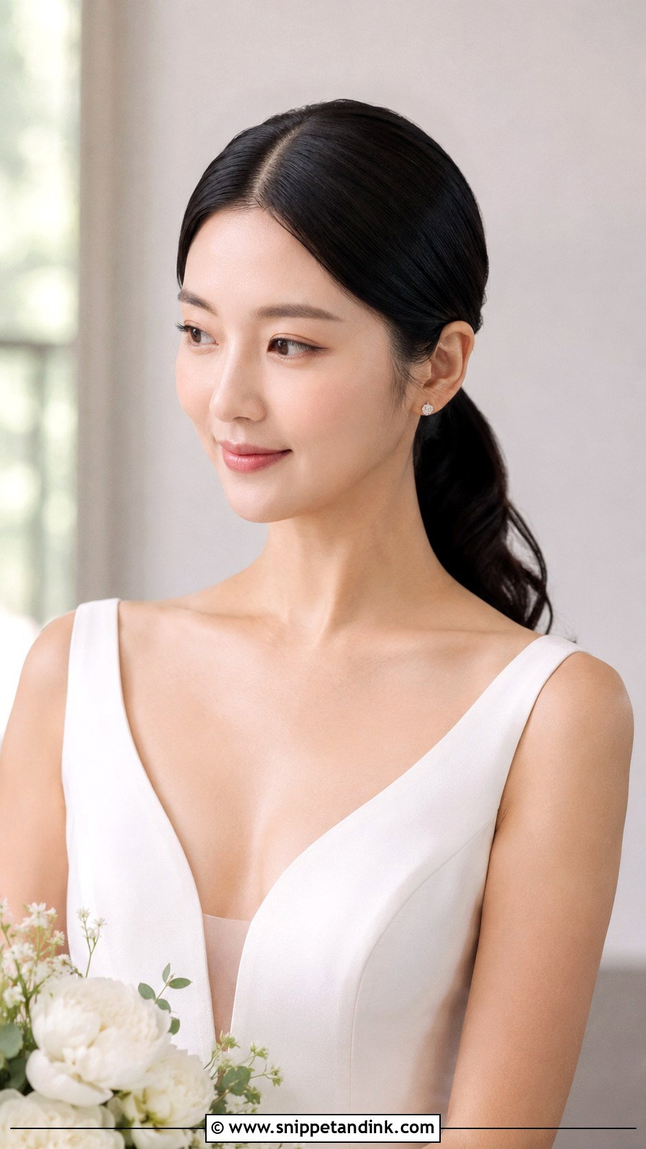 Sleek Low Ponytail With Middle Part - Snippet and Ink - 20 Textured Ponytail Wedding Ideas