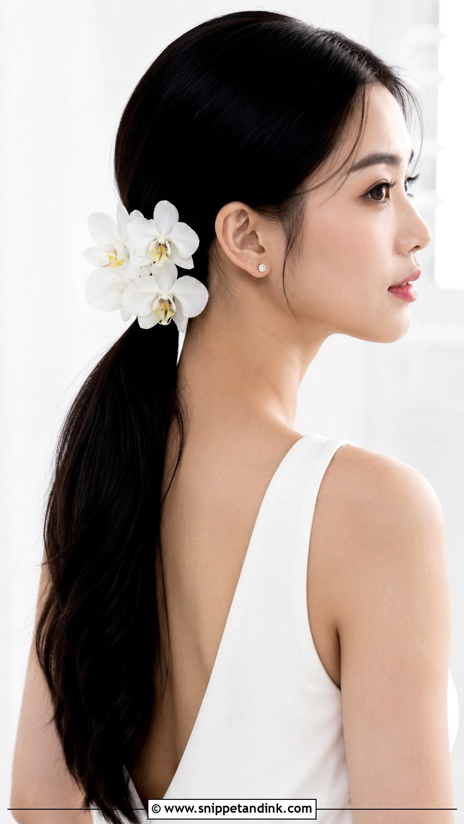 Sleek Low Ponytail With Orchids - Snippet and Ink - 20 Bride Hairstyles with Flowers