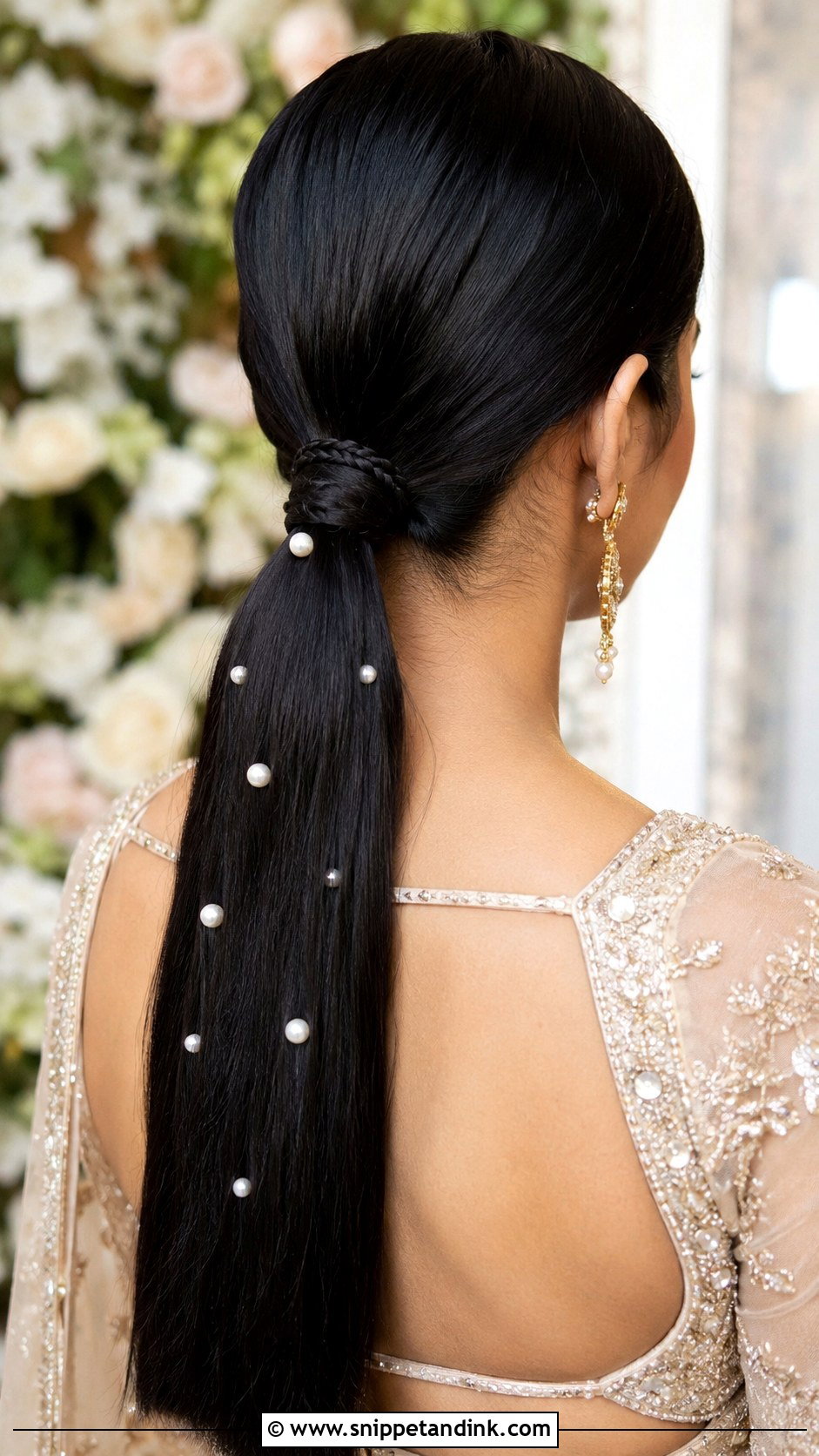 Sleek Low Ponytail With Pearls - Snippet and Ink - 25 Indian Weddings Bridal Hair Styles