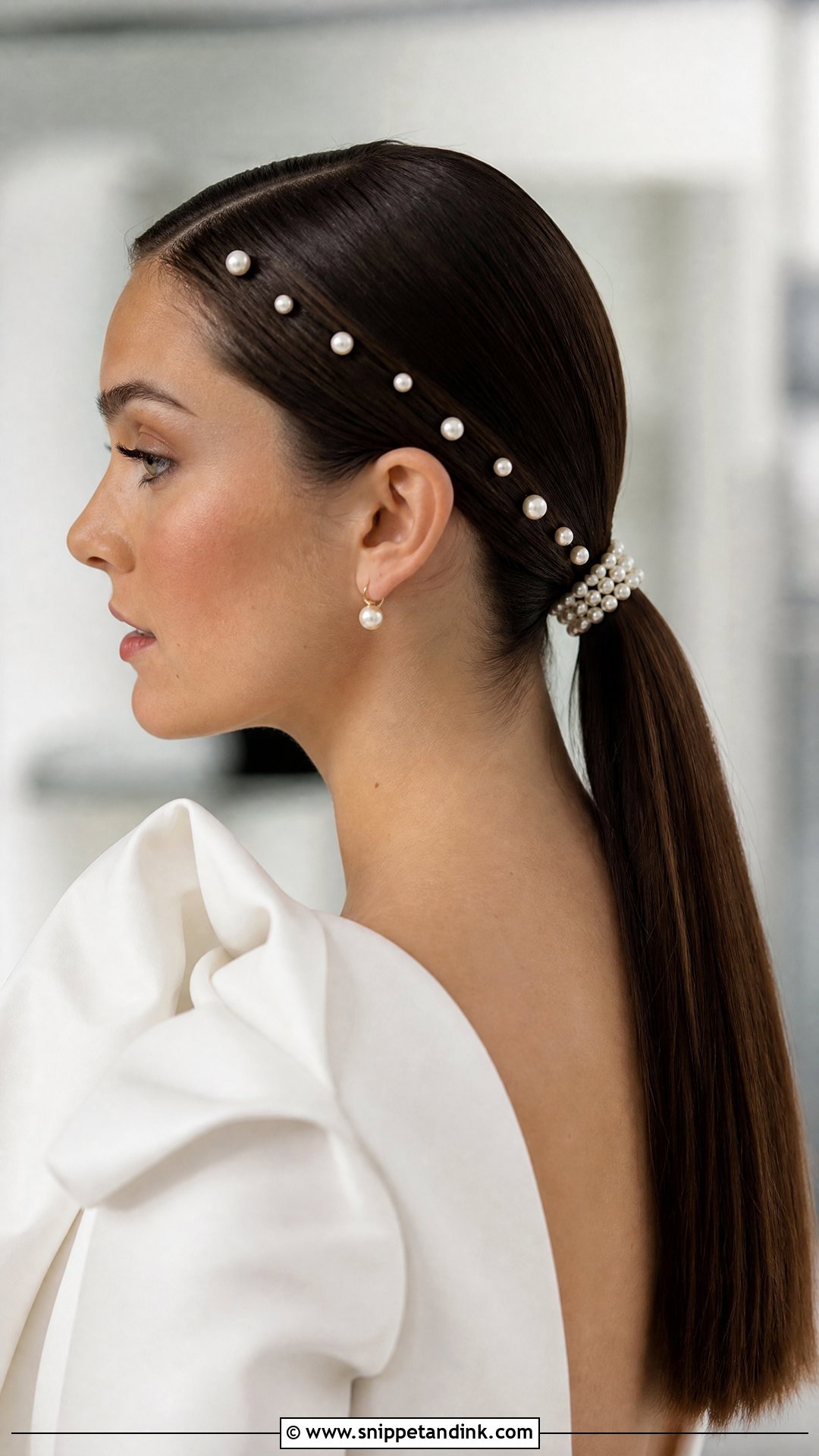 Sleek Low Ponytail With Pearls - Snippet and Ink - 20 Wedding Hair with Pearls Ideas