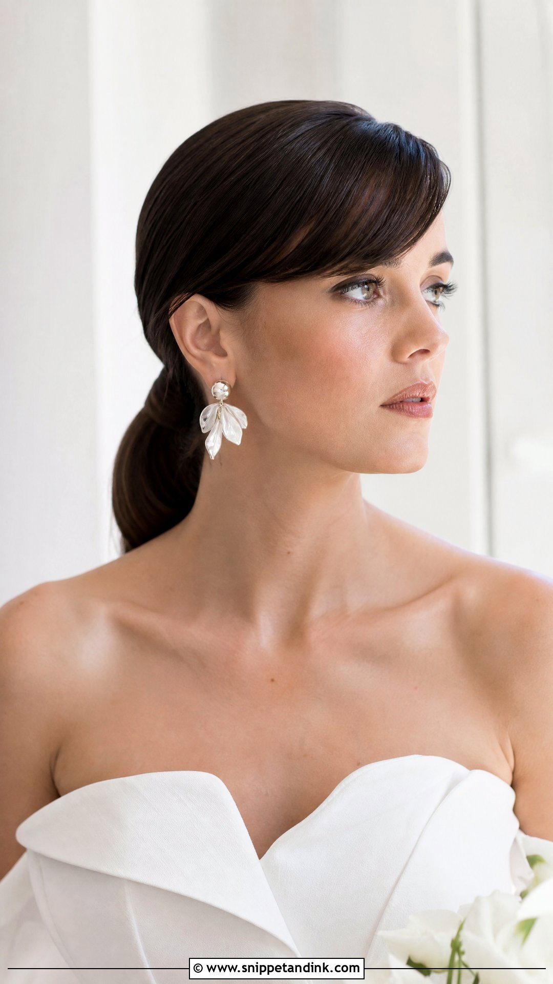 Sleek Low Ponytail With Side Bangs - Snippet and Ink - 20 Wedding Hairstyles for Big Foreheads
