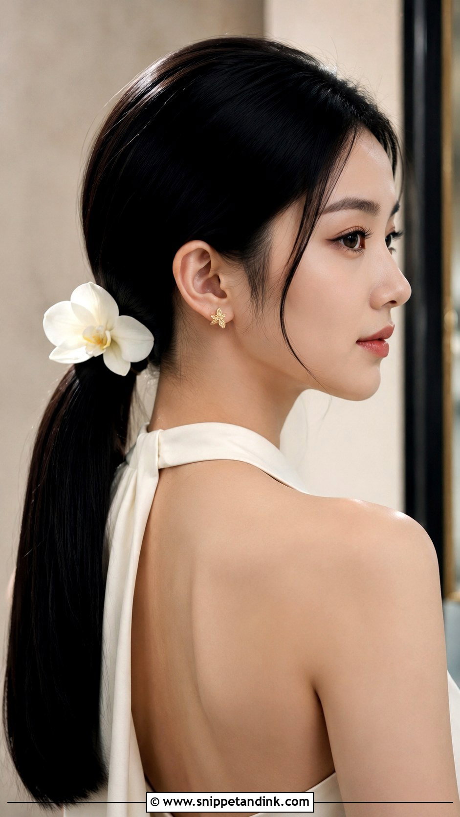 Sleek Low Ponytail With a Bloom - Snippet and Ink - 25 Wedding Hair with Flowers