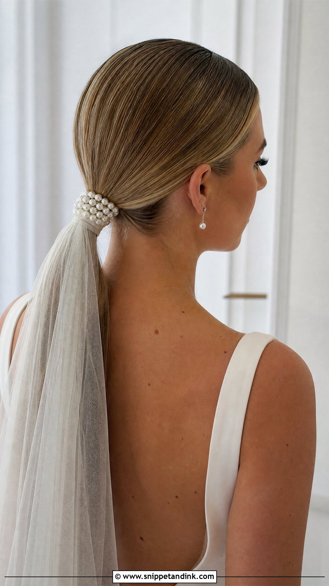 Sleek Low Ponytail with Pearl Strands - Snippet and Ink - 20 Pearls in Hair Wedding Ideas