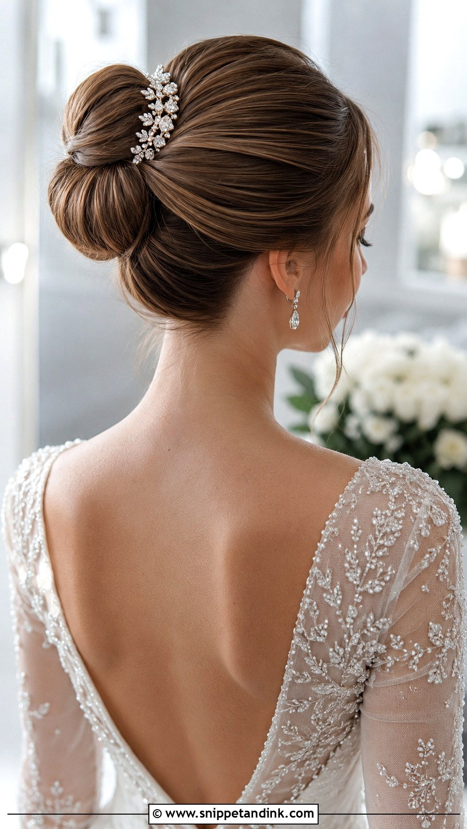 Sleek Mid Bun for Brides - Snippet and Ink - 30 Straight Hair Wedding Styles