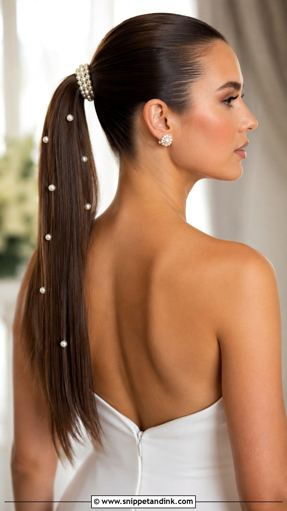 Sleek Pearl Ponytail for Weddings - Snippet and Ink - 25 Bridal Hair with Pearls Ideas