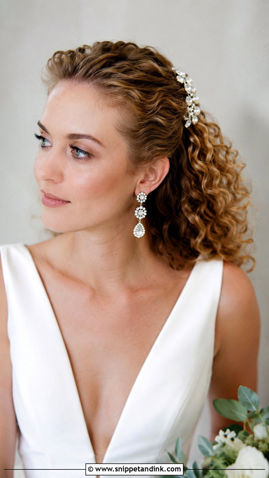 Sleek Pinned Back Curly Hairstyle - Snippet and Ink - 20 Short Curly Hair Wedding Ideas