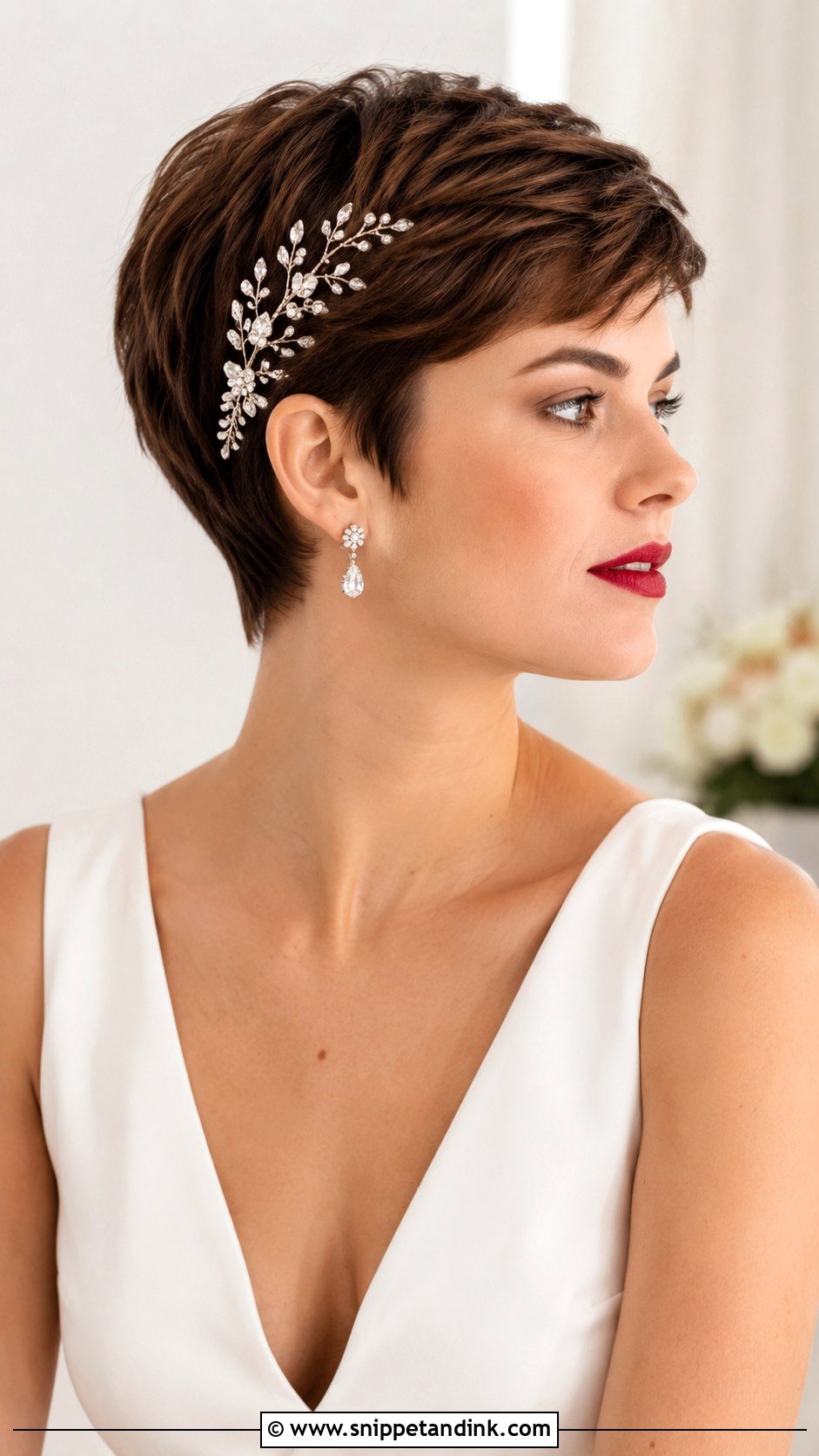Sleek Pixie With Hair Accessory - Snippet and Ink - 30 Short Bridal Hair Ideas