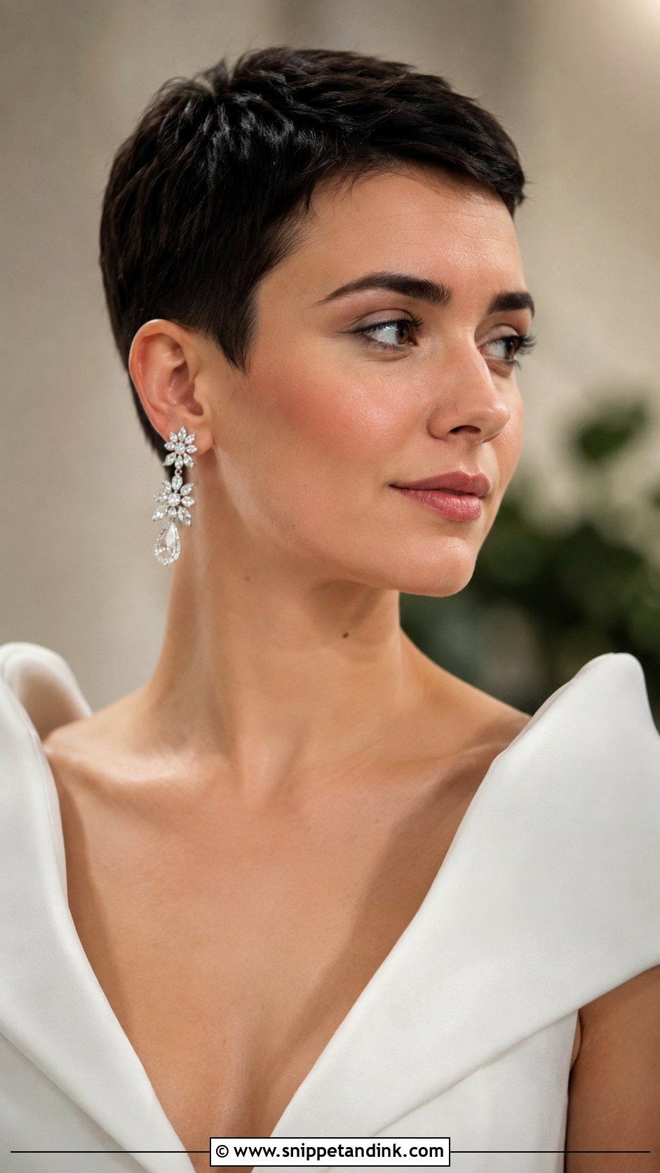 Sleek Pixie With Statement Earrings - Snippet and Ink - 35 Short Hair Wedding Styles