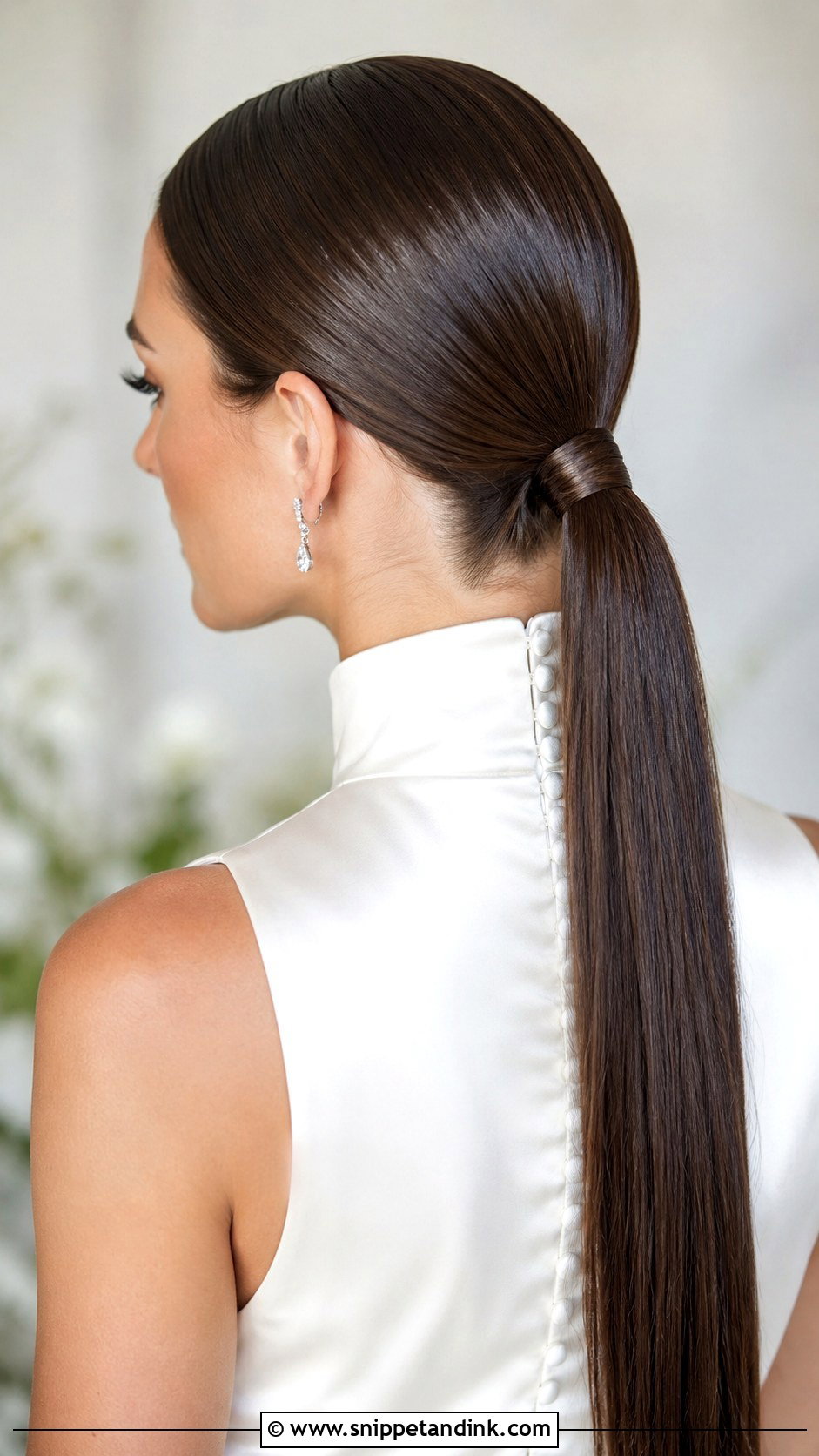 Sleek Ponytail For High Neck Wedding Dress - Snippet and Ink - 20 High Neck Wedding Hairstyles