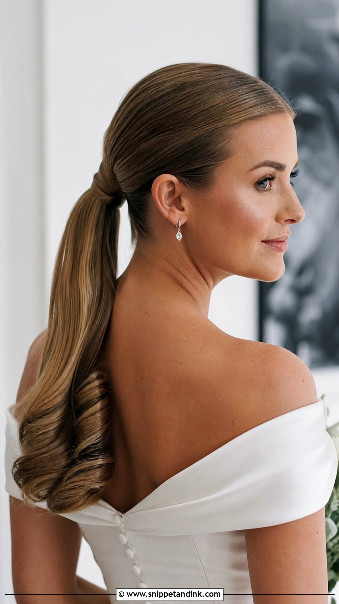 Sleek Ponytail Wedding Hairstyle For Off Shoulder Dress - Snippet and Ink - 20 Wedding Hairstyles for Long Hair Off Shoulder Dress