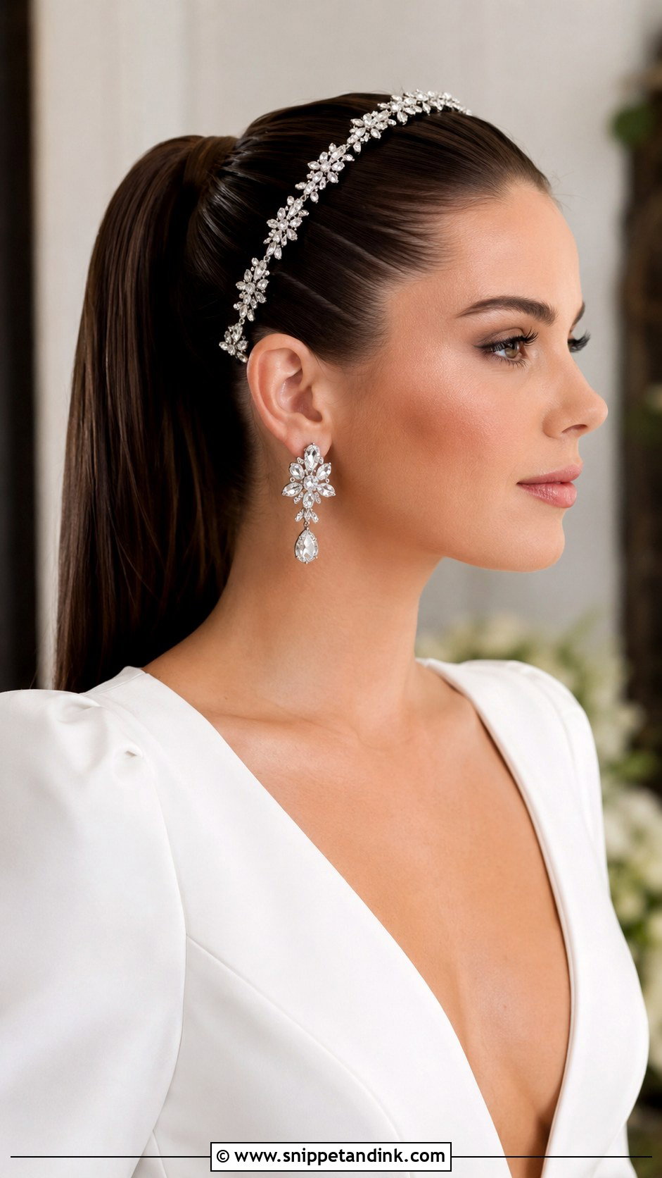 Sleek Ponytail With Crystal Headband - Snippet and Ink - 20 Hairband Wedding Hairstyle Ideas