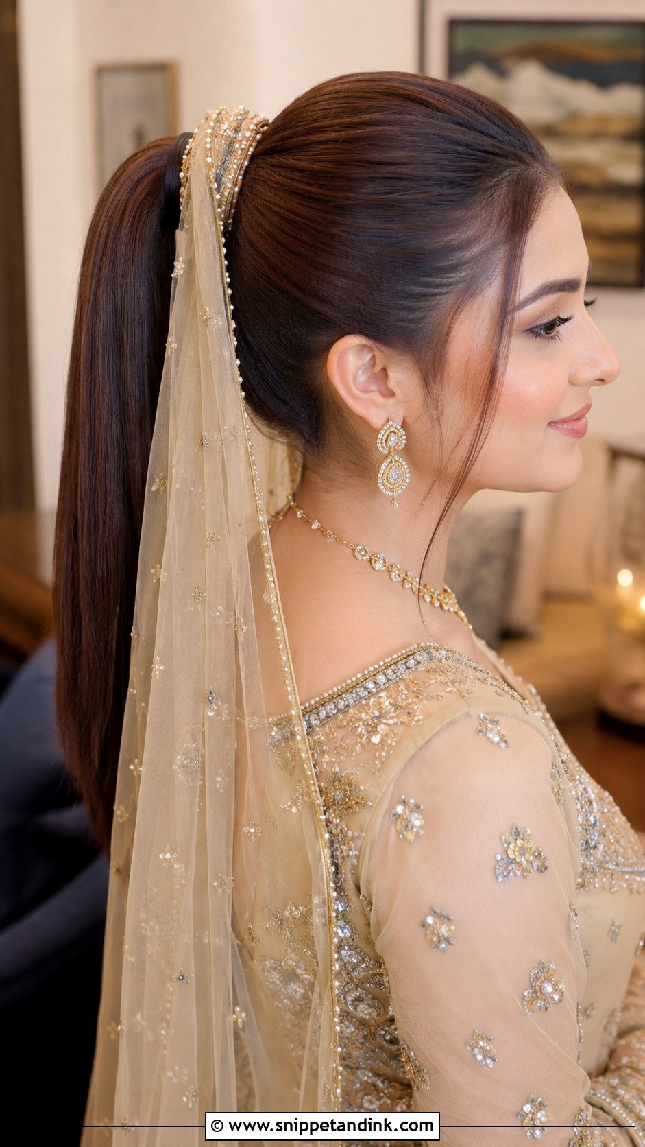 Sleek Ponytail With Dupatta - Snippet and Ink - 20 Pakistani Bridal Hairstyles with Dupatta