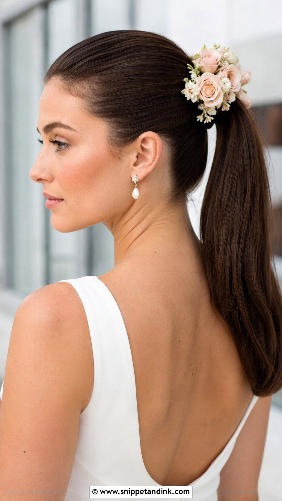 Sleek Ponytail With Floral Accent - Snippet and Ink - 25 Wedding Hair Flowers