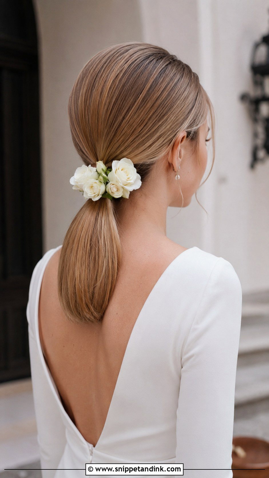 Sleek Ponytail With Floral Accent - Snippet and Ink - 20 Flowers in Hair Wedding
