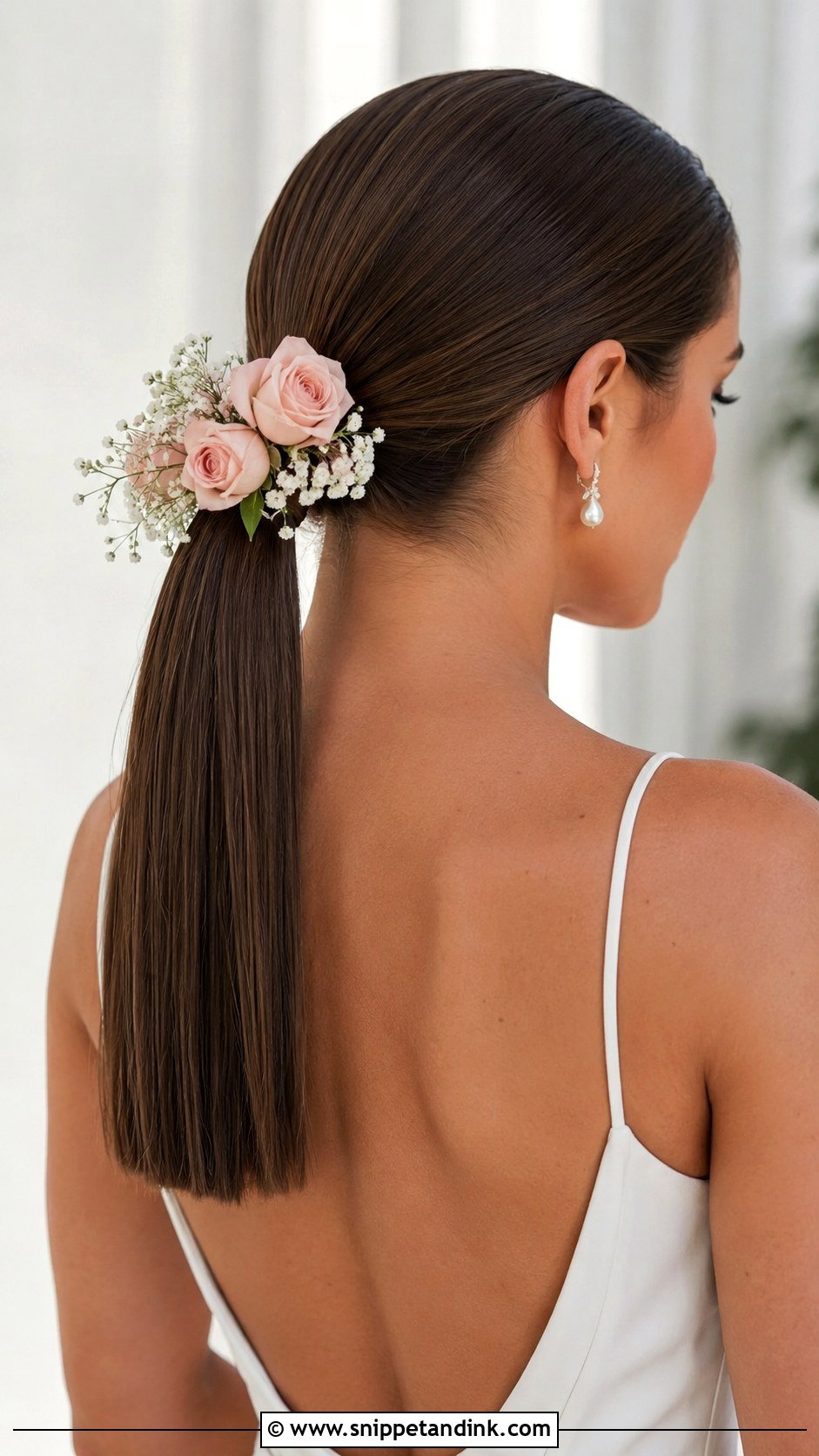 Sleek Ponytail With Flower Accent - Snippet and Ink - 20 Flower Wedding Hairstyles