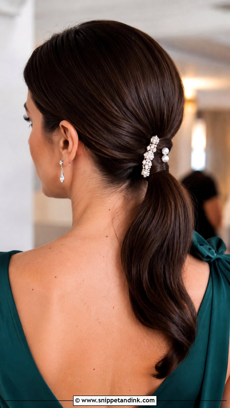 Sleek Ponytail With Hair Accessory - Snippet and Ink - 20 Ponytail Wedding Guest Ideas