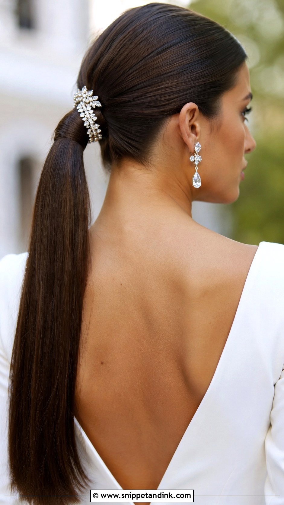 Sleek Ponytail With Hair Accessory - Snippet and Ink - 30 Pony Tailed Wedding Hairstyle Ideas