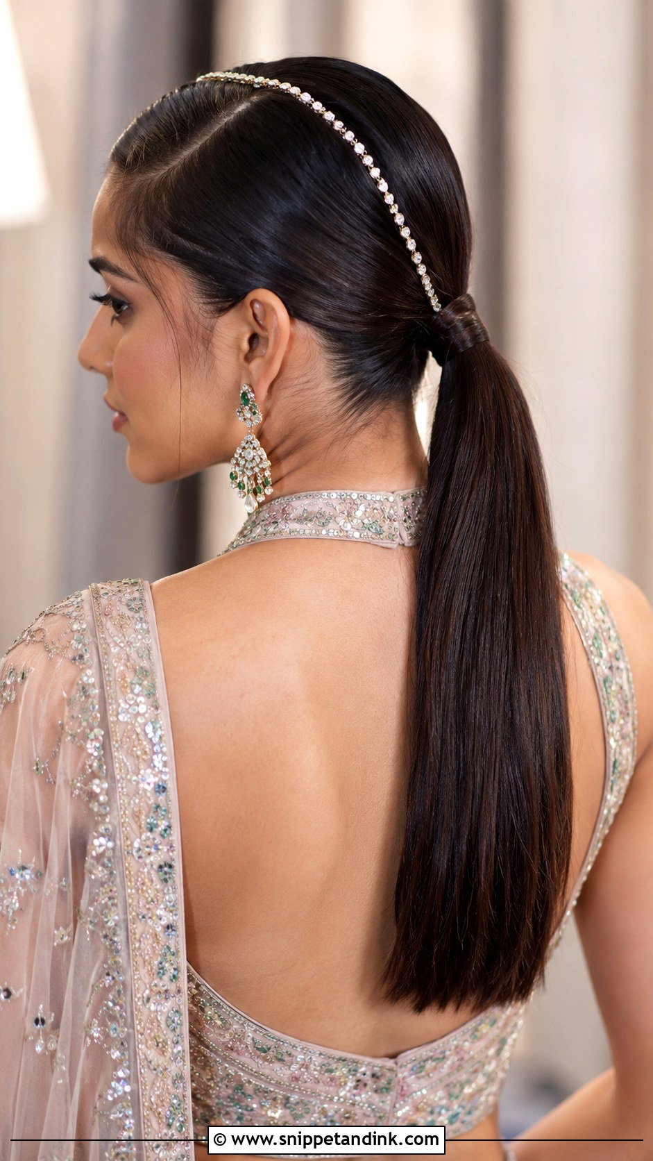 Sleek Ponytail With Jeweled Hair Chain - Snippet and Ink - 30 Indian Wedding Pony Hairstyles