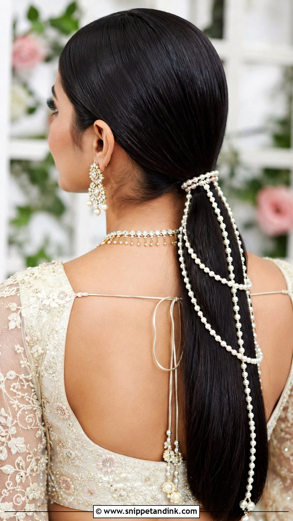 Sleek Ponytail With Pearl Strands - Snippet and Ink - 30 Indian Wedding Pony Hairstyles